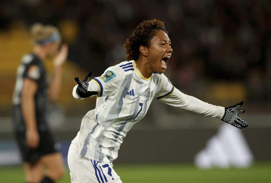 Philippines midfielder Sarina Bolden celebrates scoring against New Zealand on July 25. Bolden's first-half header <a href=