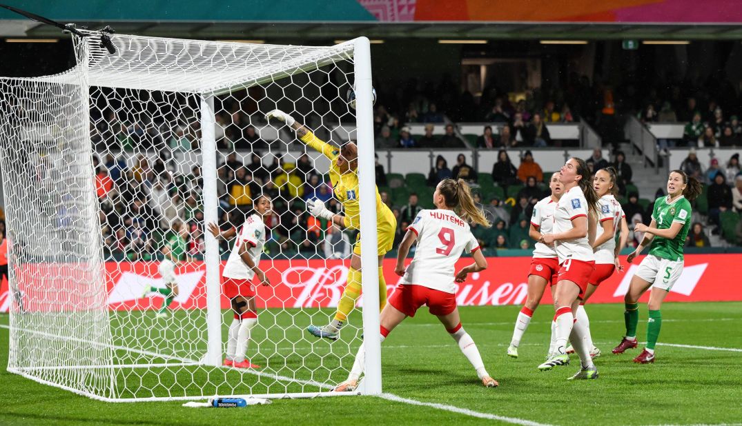 Canadian goalkeeper Kailen Sheridan can't get to a McCabe corner kick that went directly into the goal to give Ireland a 1-0 lead. The incredible 