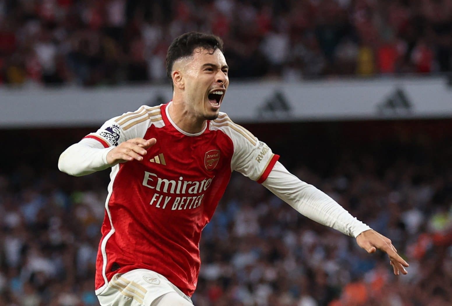 Martinelli mừng sau khi ghi bàn giúp Arsenal hạ Man City 1-0 tại Emirates ngày 8/10. Ảnh: Reuters