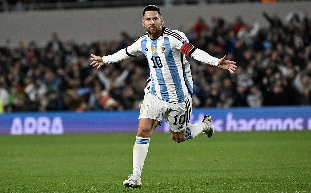 Messi mừng bàn thắng trong trận Argentina - Ecuador hôm 7/9. Ảnh: AFP